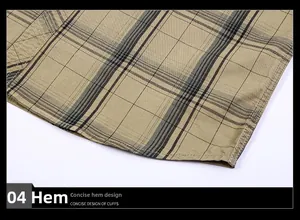 Close-up of khaki plaid shirt hem showing detailed cotton fabric texture and stitching
