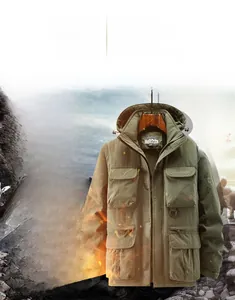 Detail of army green hooded cotton jacket with fleece lining and multi-pocket design