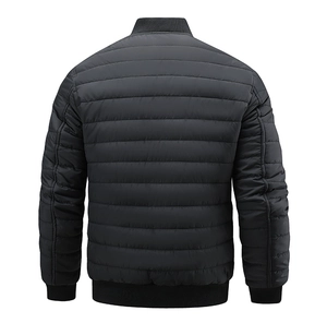 Rear view of black quilted men's jacket with ribbed collar and horizontal stitch detail