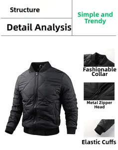 Detail view of men's black quilted bomber jacket with ribbed collar and metal zipper