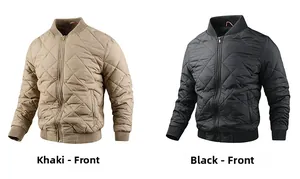 Detailed close-up showing khaki and black quilted jackets with ribbed collar and metal zipper