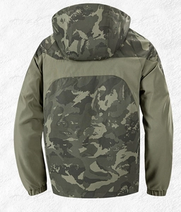 Back view of hooded camo jacket featuring elastic cuffs and outdoor tactical style
