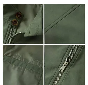 Detail view showing stand collar buttons, zip closure and twill fabric of green jacket