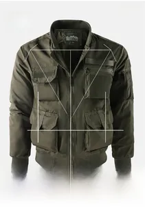 Detail view of military green flight jacket featuring 3D cut and multiple utility pockets