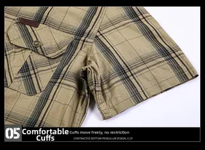 Detail of men's cotton plaid shirt showing outdoor leather label and fabric texture