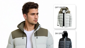 Detail view of hooded winter jacket showing color options in off white and dark grey