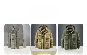Detail view of men's outdoor winter parkas in black, khaki and green with multiple pockets