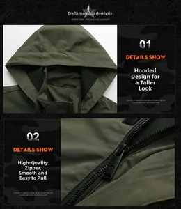 Detail of hooded design and smooth black metal zipper on military green windbreaker
