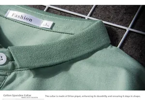 Detail of light green polo shirt showing modal pique texture and ribbed collar