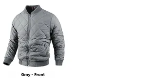 Detail view of men's gray quilted bomber jacket with ribbed collar and zipper front