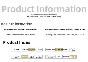 Winter cotton jacket specification sheet with 100% nylon fabric and size details