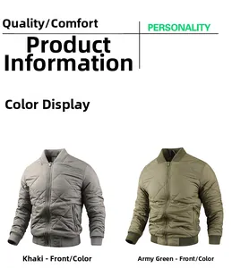 Front view detail of men's quilted bomber jackets in khaki and olive green colors