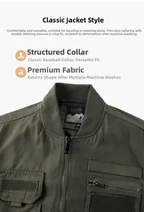 Detail of army green military jacket featuring baseball collar and metal zipper pocket