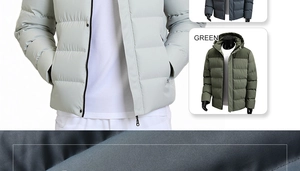 Detail view of winter quilted jacket showing collar, zipper, and color options in green