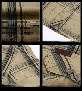 Detail of khaki plaid cotton shirt showing the outdoor leather patch and vintage metal button