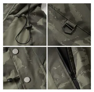 Detail view of camouflage jacket featuring drawstring hood metal D-ring and waterproof zipper