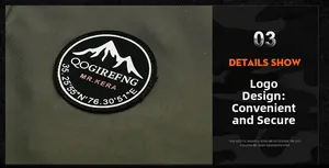 Detailed close-up of mountain embroidery patch on military green casual hooded jacket