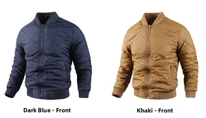 Quilted bomber jacket detail showing navy and khaki diamond patterns with ribbed cuffs