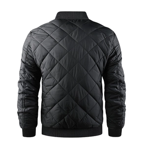 Close-up back view of black diamond-quilted bomber jacket with ribbed stand collar