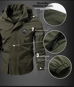 Detail view of durable metal zipper and stitching on olive green hooded utility jacket