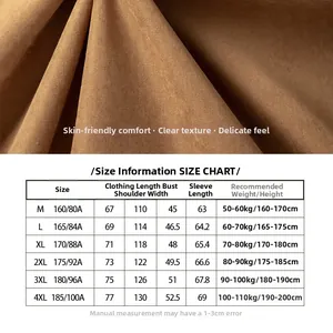 Detailed size chart for men's stand collar work jacket showing length and measurements