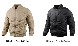 Detail view of khaki and black quilted bomber jacket with stand collar and ribbed cuffs