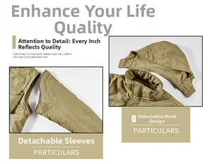 Detail of khaki jacket showing detachable sleeves and hood for versatile outdoor wear