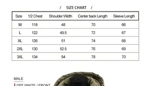 Detailed size chart for men's winter jacket with chest and shoulder measurements in CM