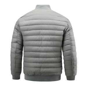 Back view of men's grey quilted jacket featuring a ribbed collar and sleeve cuffs