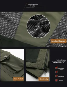 Detail view of military green hooded jacket featuring breathable mesh lining and utility arm pockets