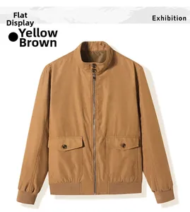 Flat lay of yellow brown cargo jacket with stand collar, zipper, and pocket details