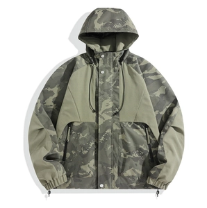 Detail of hooded camouflage jacket with zipper closure and adjustable elastic cuffs