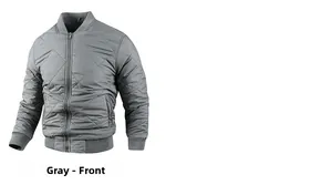 Detailed front view of grey quilted bomber jacket showing rib-knit cuffs and diamond patterns