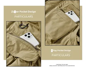 Detail view of khaki tactical jacket with functional zipper pockets and velcro flap closure