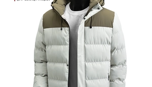 Close-up of winter quilted jacket with off-white and olive green contrast panel design