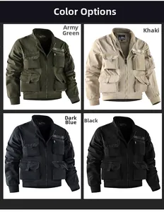 Tactical bomber jackets displayed in army green, khaki, navy blue and black colors