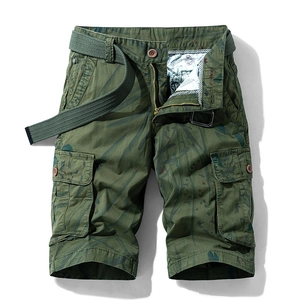Olive green leaf pattern cargo shorts with utility pockets and belt for casual outdoor wear