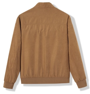 Rear view of brown stand-collar jacket featuring back yoke seam and ribbed hem details