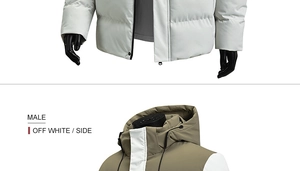 Detail view of winter padded jacket with black zipper hem and hooded neckline structure