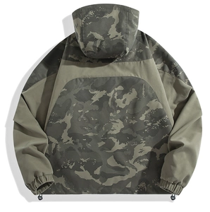 Rear view of hooded camo jacket with windproof fabric and adjustable hem drawstring