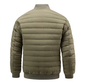 Rear view of olive green quilted bomber jacket for men showing ribbed hem and collar