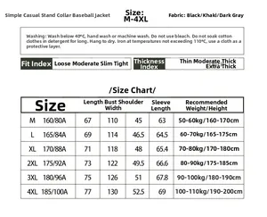 Größentabelle für Herren-Baseballjacke mit Maßen von M bis 4XL und Waschhinweisen