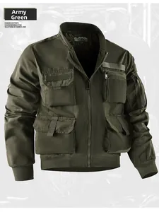 Detail view of military green flight jacket featuring functional 3D pockets and ribbed collar