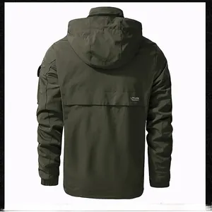Detail of army green hooded jacket back with Seek Adventure Youthful print slogan