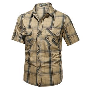 Men's Cotton Short Sleeve Plaid Work Shirt Casual Military Style Button Down Tops With Dual Chest Pockets For Outdoor Daily Wear