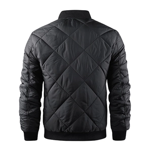 Back view of black quilted bomber jacket with ribbed collar and ruched sleeves detail