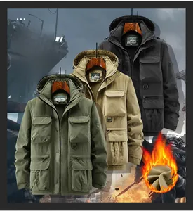 Three colors of men's hooded tactical jackets with multi-pockets and warm fleece lining