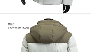 Macro detail of the back view of a color-block windproof hooded jacket for men