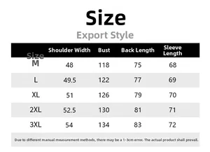 Detailed size chart for men's hooded jacket covering M to 3XL with measurements