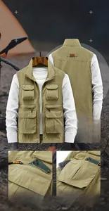 Détails de gilet cargo extérieur avec poches multiples, doublure en maille et fermeture éclair